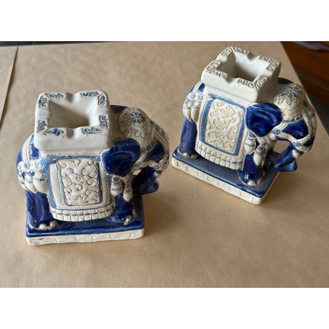 White Vintage Elephant Chinoiserie Ceramic Glazed Candle Holders Pair For Sale - Image 8 of 8