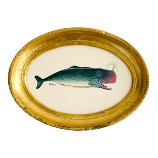 Original Handpainted Whale Painting in a Vintage Italian Oval Frame For Sale