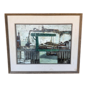 C Venard Oil Painting of Industrial Dock Scene