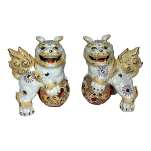 Vintage Porcelain Hand Painted Tabletop Japanese Foo Dog Shishi Lions - A Pair