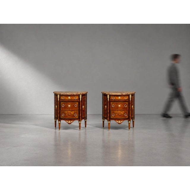 Louis XVI Style, Diminutive Demilune Commodes, Marquestry, Inlaid Wood, Bronze, Brèche d’Alep Marble, France, 19th c. A...