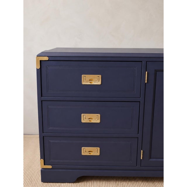 Wood 1970s Professionally Refinished Young Solid Oak Campaign Dresser Credenza, Navy Blue, Brass Hardware For Sale - Image 7 of 11
