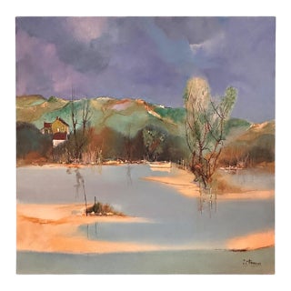Jean Paul Ferron Signed French Landscape Painting, 31” Square For Sale