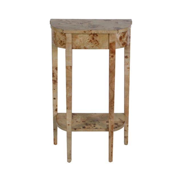 Tan Wendell 17.5 in. W Demilune Wood Console Table with Lower Open Shelf, Light Burl For Sale - Image 8 of 8