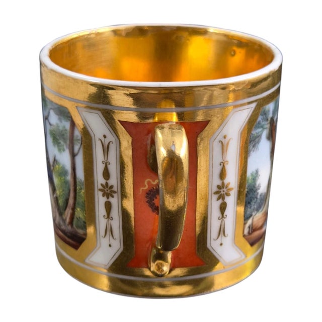 Ceramic French Paris Porcelain Cup and Saucer with Pastoral Landscapes and Martial Emblems, 1820, Set of 2 For Sale - Image 7 of 10