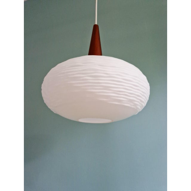 Mid-Century Modern Vintage Pendant Light in White Opaline and Teak, 1960 For Sale - Image 3 of 12