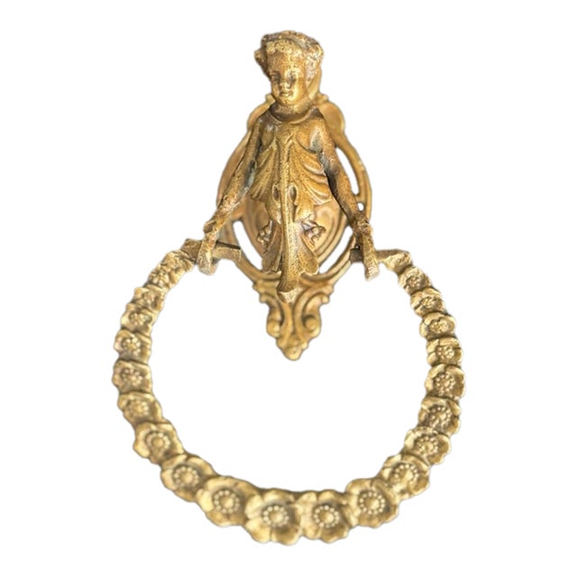 Vintage Solid Brass Cherub Pulling Floral Garland Door Pull 8" X 6"x 3" For Sale
