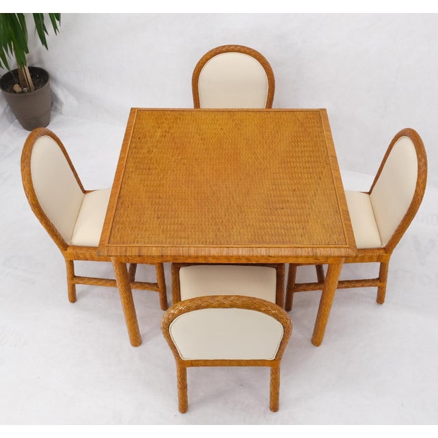 Animal Skin Leather Basket Weave Wicker Style Square Dining Room Table 4 Chairs Glass Top For Sale - Image 7 of 18