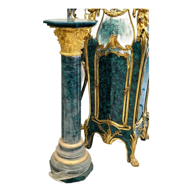 Victorian Style Display Pedestal With Emerald Finish & Gilded Ornamentation For Sale