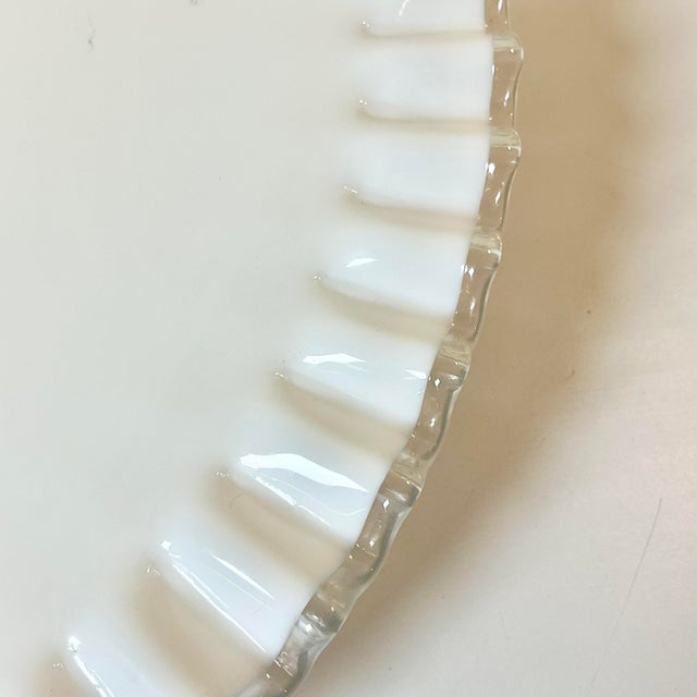 1950s Vintage Americana Farmhouse Boho Chic Fenton Silver Crest Milk Glass Ruffled Edge Low-Rise Cake Stand For Sale - Image 9 of 12