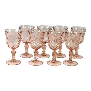 1960s Arcoroc Luminarc Rosaline Pink Swirl Water/Wine Goblets, Made in France -Set of 8