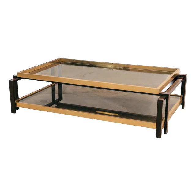 Hollywood Regency Geometric Brass and Glass Coffee Table, 1970s For Sale