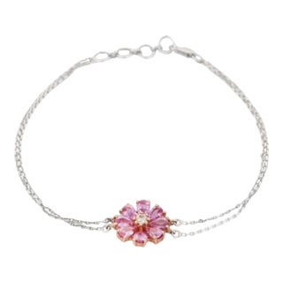 18k Gold 1.36 Ct Pink Sapphire Flower Diamond Bracelet For Sale