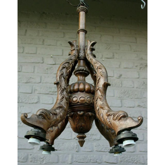 C1920's French Art Deco Carved Wood Sea Creature/ Dolphin 4 Fish Chandelier For Sale - Image 10 of 10