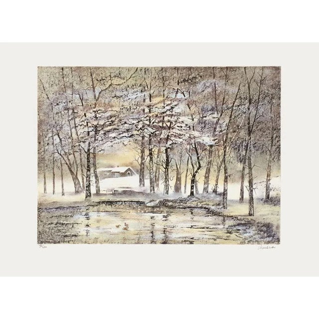 Antonio RIVERA CHAUMIÈRE SOUS LA NEIGE 1990 lithograph on Arches paper signed and numbered in pencil 19.7 x 25.6 in...