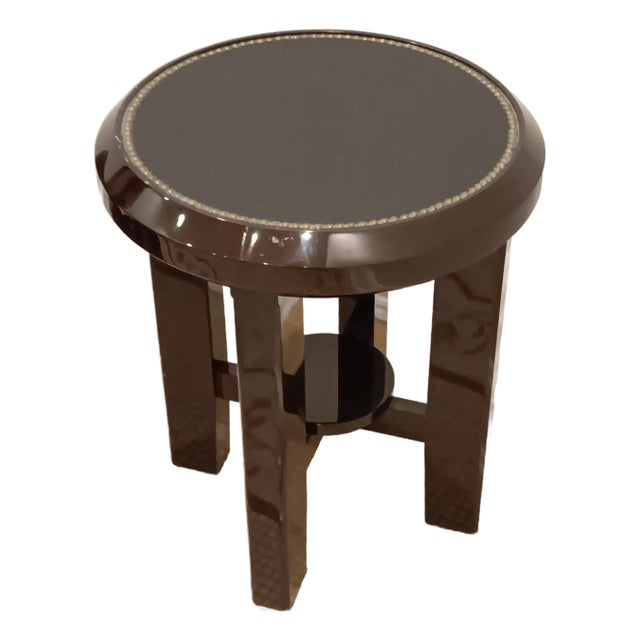 Decca Home/Boiler Solid Wood Side Table Mahagony and High Gloss Base With a Matte Black Leather Top With Brass Nailhead Trim. For Sale