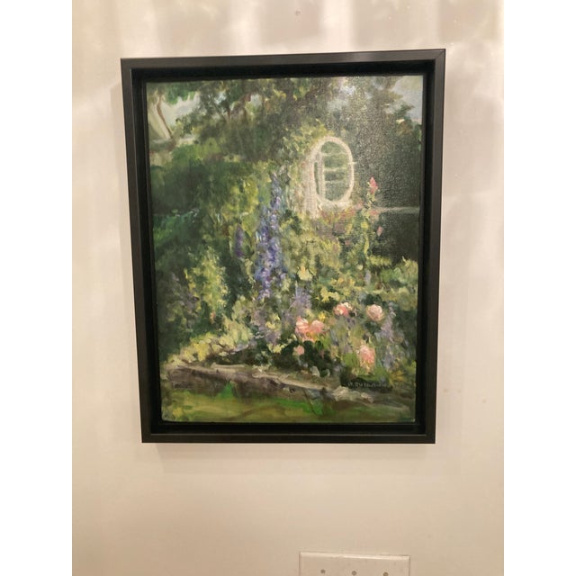 Oil painting on board of a garden on Charter Street in Nantucket , Massachusetts by artist Robert Rutkauskas. Framed in a...