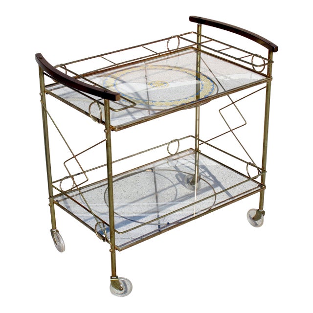 Mid-Century Modern Brass & Glass Bar Cart With Blue & Gold Medallion Top | Hollywood Regency For Sale
