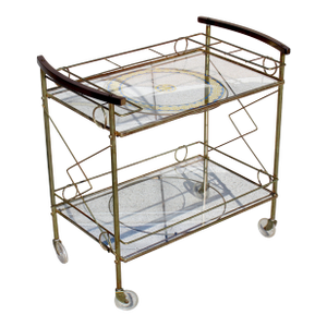 Mid-Century Modern Brass & Glass Bar Cart With Blue & Gold Medallion Top | Hollywood Regency