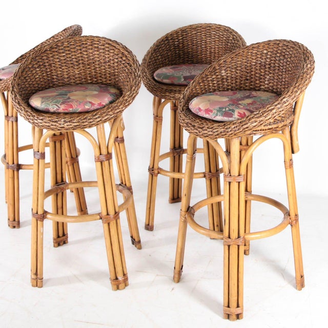 1970s Vintage Bar Stools in Rush and Rattan, 1970s, Set of 4 For Sale - Image 5 of 11