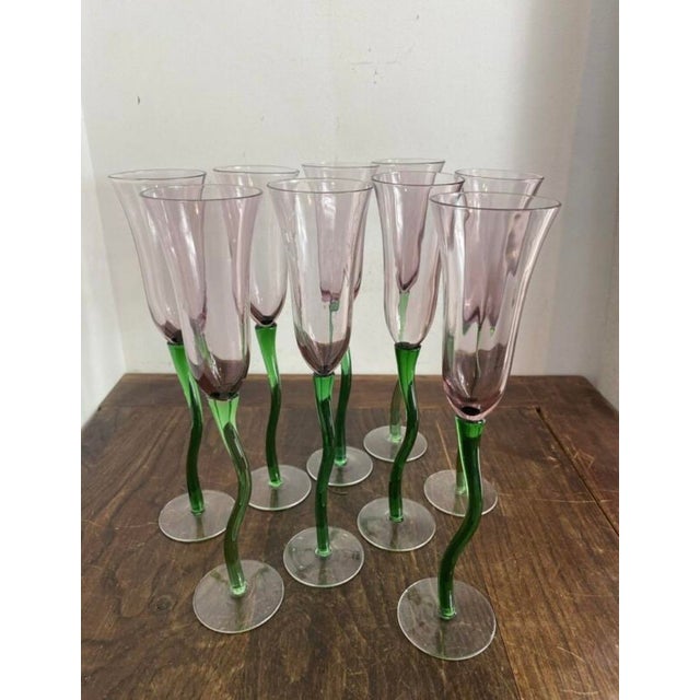 Glass Tulip-Shaped Hand-Blown Glass Champagne Flutes with Twisted Stems, 1980s, Set of 9 For Sale - Image 7 of 12