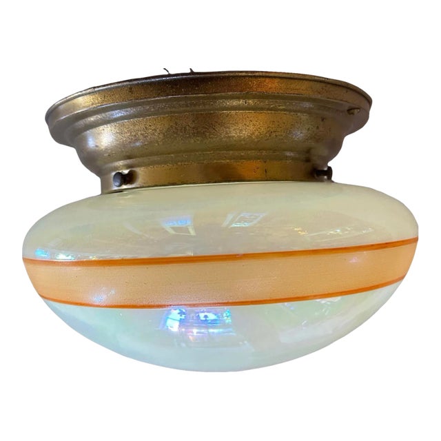 1940s Midcentury Opalescent Custard and Orange Rimmed Glass Shade on Original Brass Flush Mount For Sale
