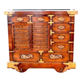 Late 20th Century Vintage Korean Tansu Chest – Hardwood Cabinet With Brass Dragon Hardware & Hidden Wheels For Sale