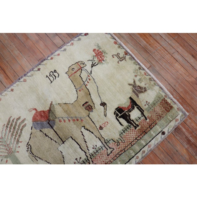 Folk Art Vintage Zabihi Collection Camel Donkey Turkish Kula Pictorial Scatter Size Rug - 3'2" x 4'8" For Sale - Image 3 of 8