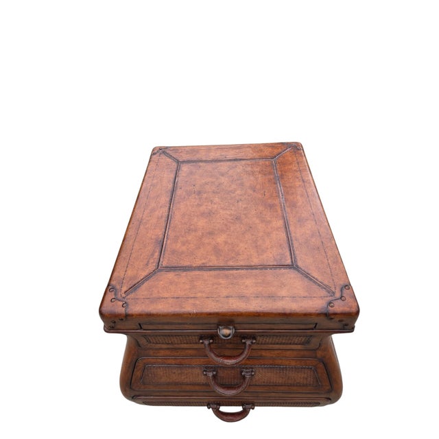 Brown 1990s Thomasville Leather Wrapped Rattan Side End Table Trunk East Indies W/ Storage For Sale - Image 8 of 12