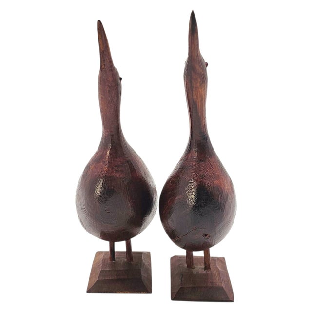 Wood Mid Century Modern Hand Carved Wood Shorebird Sculptures Folk Art Pair American For Sale - Image 7 of 18