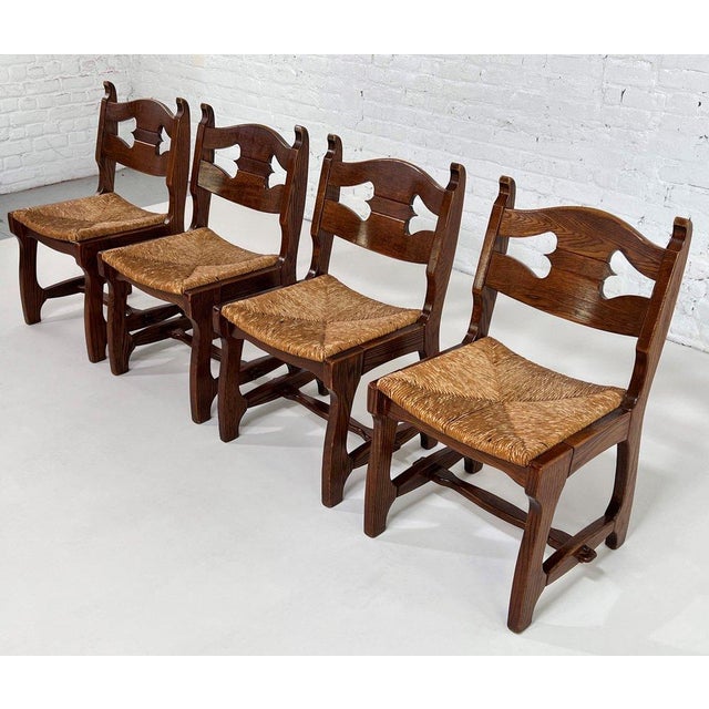 Brutalist Dining Chairs in Wood and Braided Straw attributed to Guillerme et Chambron for Votre Maison, 1950s, Set of 4 For Sale - Image 3 of 10