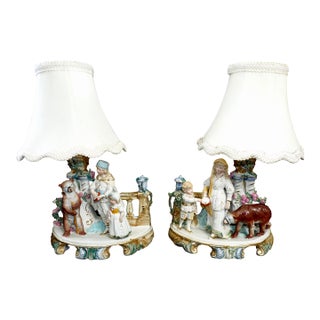 Pair of 15” c.1900 Antique Heubach German Bisque "Circus Bear" Story Lamps For Sale
