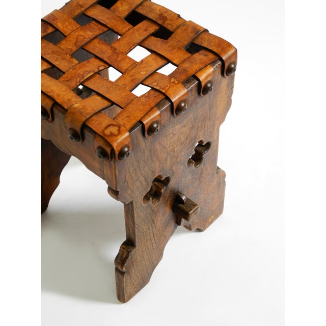 Vintage Oak Stool with Seat in Leather Straps, 1940s For Sale - Image 17 of 18