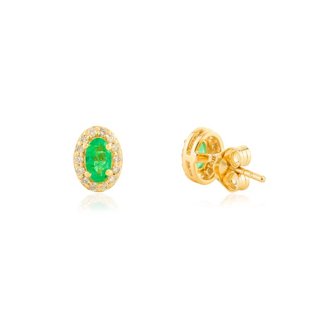 Not Yet Made - Made To Order Dainty Modern Halo Diamond Emerald Stud Earrings in 18k Gold- A Pair For Sale - Image 5 of 10
