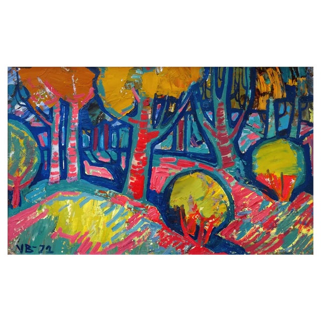 Valdis Bush, Sunset in the Forest, 1972, Oil on Cardboard For Sale