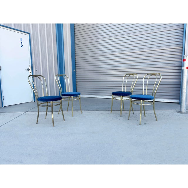 1980s Set of 4 Vintage Hollywood Regency Brass & Royal Blue Velvet Dining Chairs For Sale - Image 4 of 16