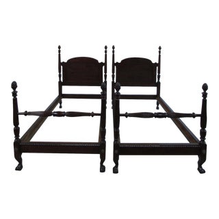 Antique Feldenkreis Chippendale Mahogany Twin Beds, Ball and Claw Feet - A Pair For Sale