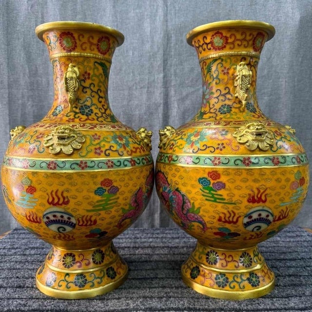 Art Deco Mid 20th Century Monumental Pair of Yellow Cloisonné Enamel Dragon Vases For Sale - Image 3 of 6