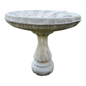 Vintage Concrete Shell Motif Bird Bath and Base- 2 Pieces