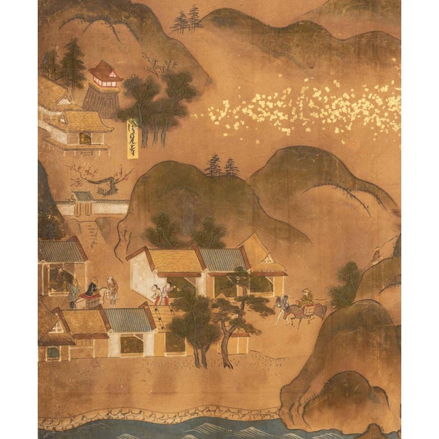 Gold Japanese Village Landscape Scene Byobu Screen, 19th Century For Sale - Image 8 of 13