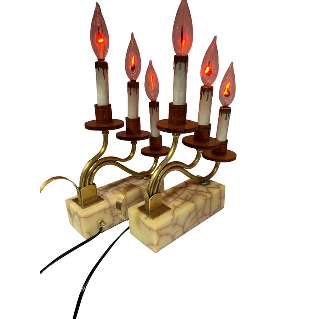 Metal 1930s Hollywood Regency Three Candle Bakelite & Brass Table Lamp - a Pair For Sale - Image 7 of 9