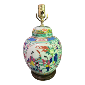 Vintage Asian Figural Famille Rose Ginger Jar Table Lamp