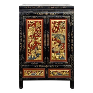 Asian Cabinet with Polychrome Sculpted Panels For Sale