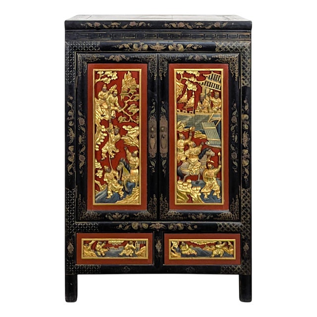 Asian Cabinet with Polychrome Sculpted Panels For Sale