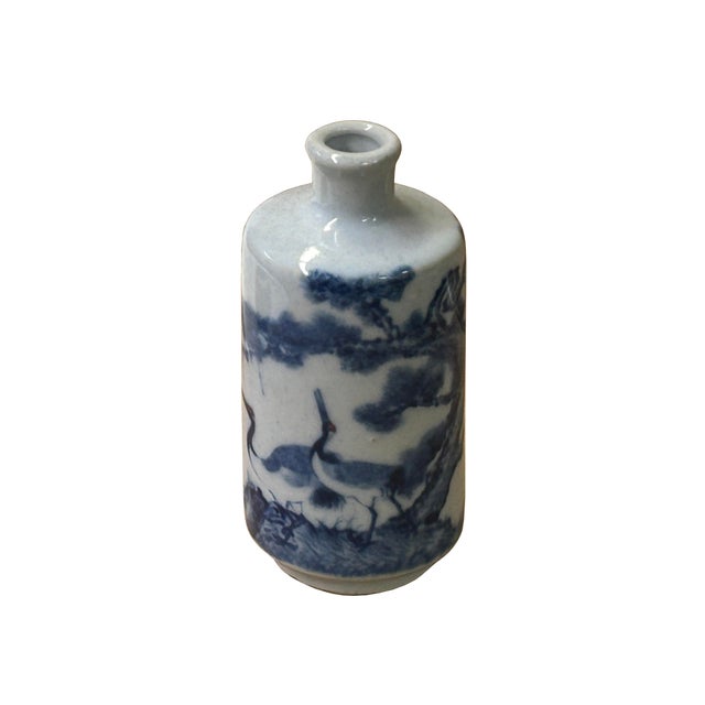 Small Blue White Handpaint Cranes Pine Scenery Graphic Porcelain Vase For Sale - Image 9 of 11