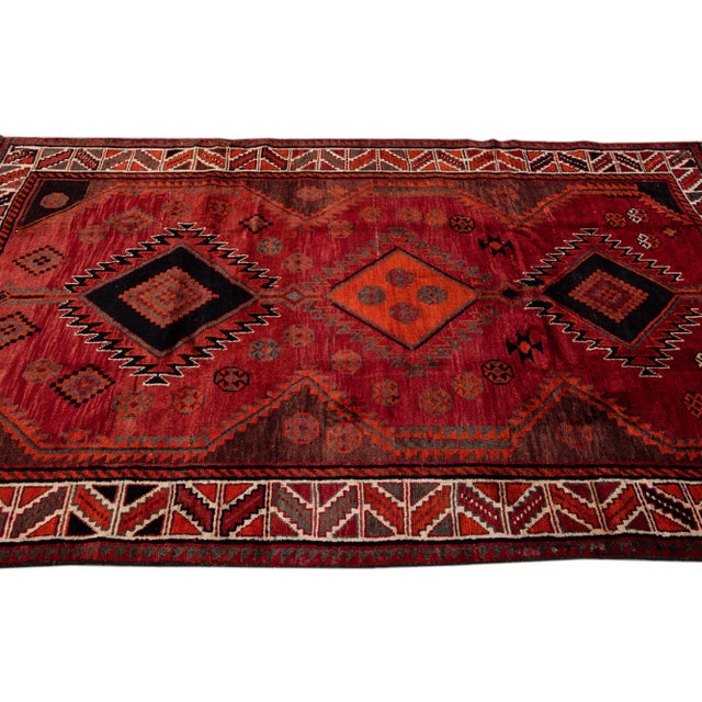 1950s Vintage Handmade Persian Red Geometric Wool Rug 5'5" X 9'1" For Sale - Image 5 of 11