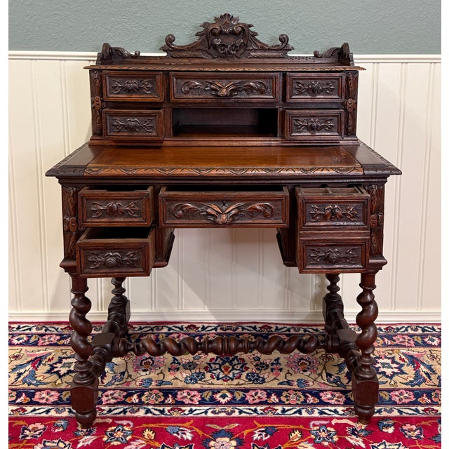 Wood Antique French Petite Barley Twist Desk Carved Oak Renaissance Revival c.1890 For Sale - Image 7 of 18