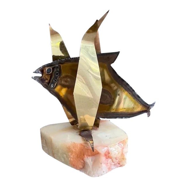 Vintage Marble Base With Metal Fish Paperweight For Sale