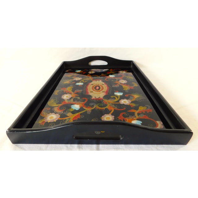 Black Vintage Hand Painted Black Lacquer Floral Wood Serving Tray With Handles For Sale - Image 8 of 10