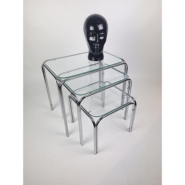 Glass Vintage Chrome Side Tables, 1970s, Set of 3 For Sale - Image 7 of 10